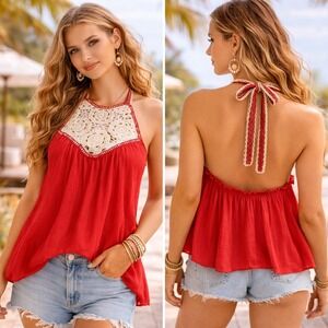 NWT Easel Crochet Lace Halter Tank Red Boho Festival Top Large Festival western